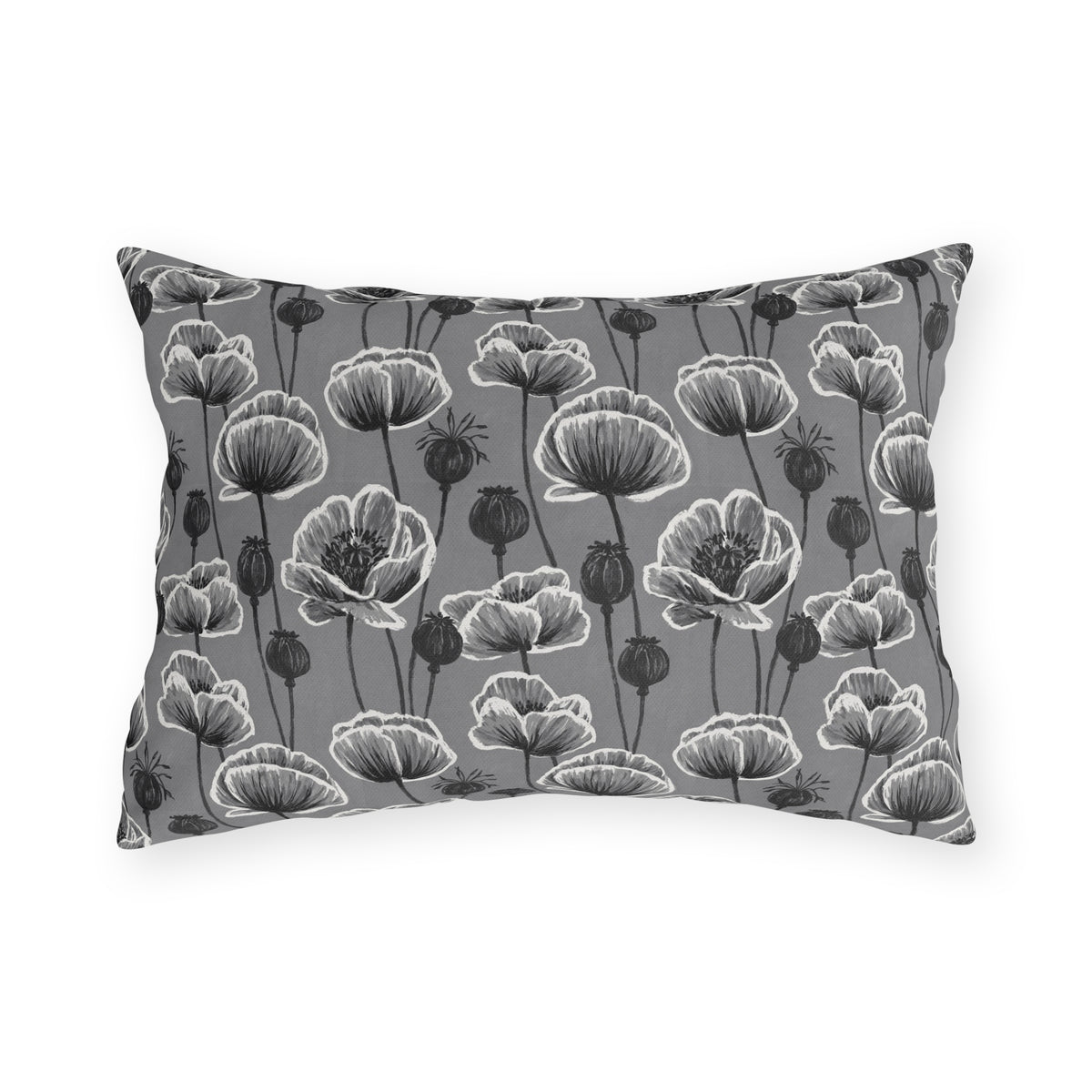 White and charcoal poppies and seed heads on grey outdoor lumbar pillow