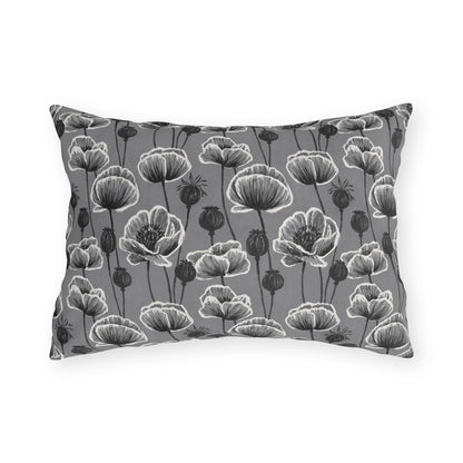 White and charcoal poppies and seed heads on grey outdoor lumbar pillow