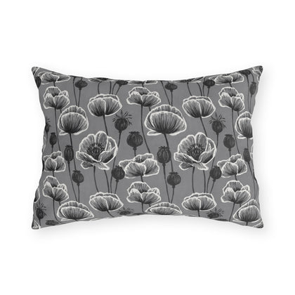 White and charcoal poppies and seed heads on grey outdoor lumbar pillow