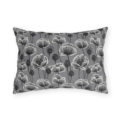 White and charcoal poppies and seed heads on grey outdoor lumbar pillow