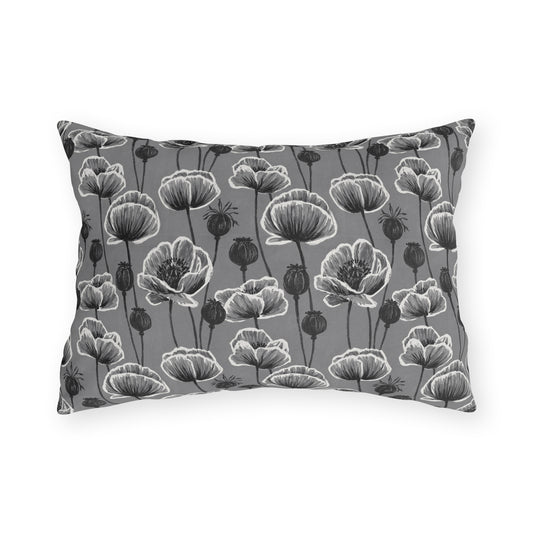White and charcoal poppies and seed heads on grey outdoor lumbar pillow