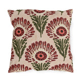 Block print floral outdoor pillow with wine red fan flowers, coral centers and olive leaves on blush