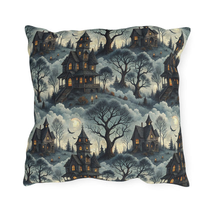 Victorian haunted houses in misty woods with lit windows on slate blue outdoor pillow