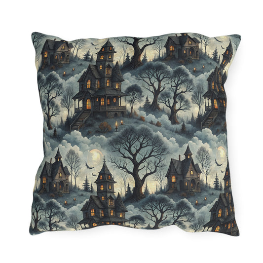 Victorian haunted houses in misty woods with lit windows on slate blue outdoor pillow