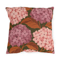 Pink hydrangea outdoor pillow with blush and rose hydrangea blooms and rust leaves on olive green
