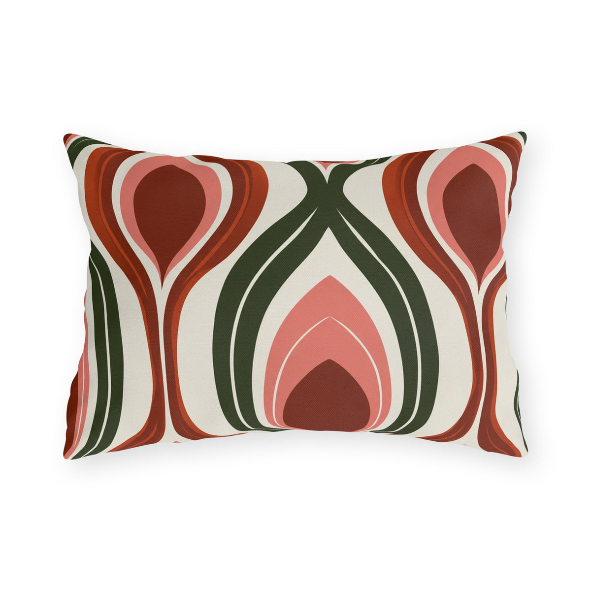 Modern retro outdoor lumbar pillow with seventies ogee waves in rust, coral pink and forest green on cream