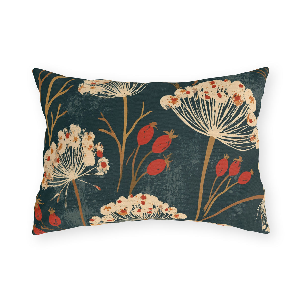 Cream cow parsley and red rosehips on a deep teal outdoor lumbar pillow