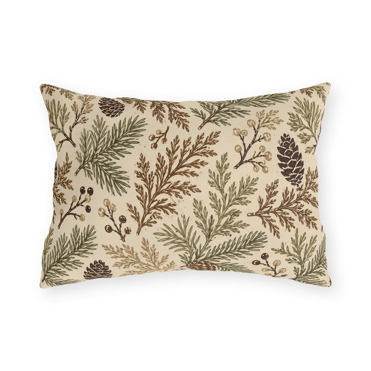 Cedar, spruce and pinecones in sage and brown on a cream outdoor lumbar pillow