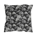 White and grey hydrangeas on black outdoor pillow
