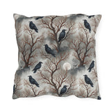 Ravens perched in bare rust branches with a full moon on misty grey outdoor pillow