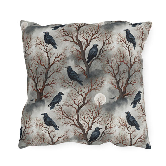 Ravens perched in bare rust branches with a full moon on misty grey outdoor pillow