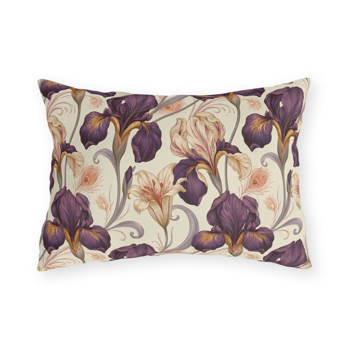Deep purple Art Nouveau irises with gold beards on cream outdoor lumbar pillow
