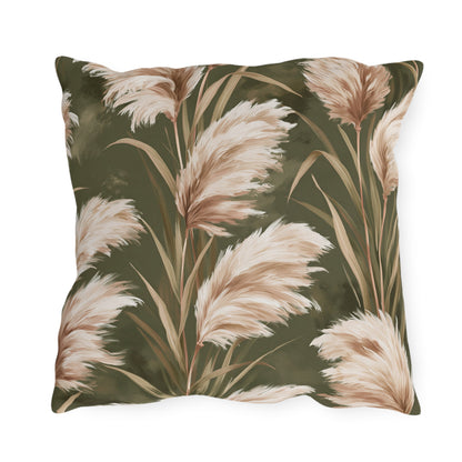Cream pampas grass plumes on olive green outdoor pillow
