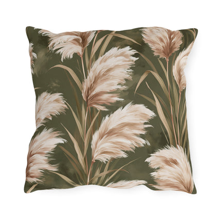 Cream pampas grass plumes on olive green outdoor pillow
