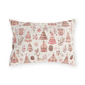 Pink patterned Christmas trees, deer, gingerbread houses and cocoa mugs on cream outdoor lumbar pillow