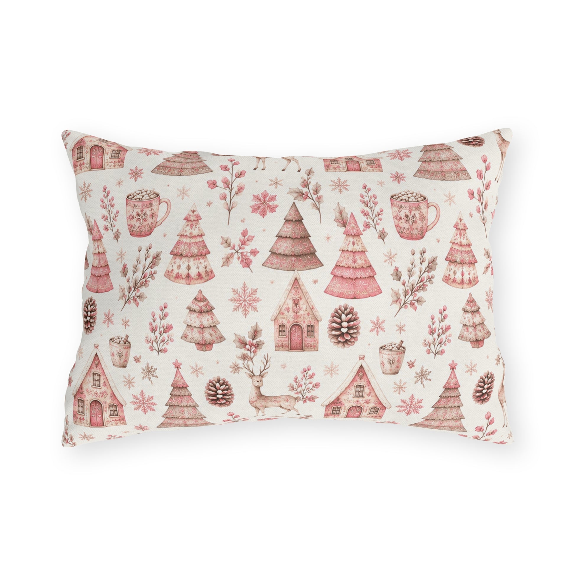 Pink patterned Christmas trees, deer, gingerbread houses and cocoa mugs on cream outdoor lumbar pillow