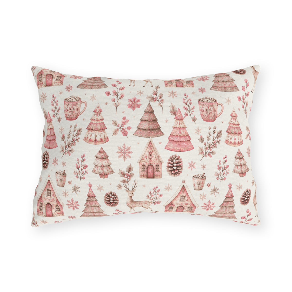 Pink patterned Christmas trees, deer, gingerbread houses and cocoa mugs on cream outdoor lumbar pillow