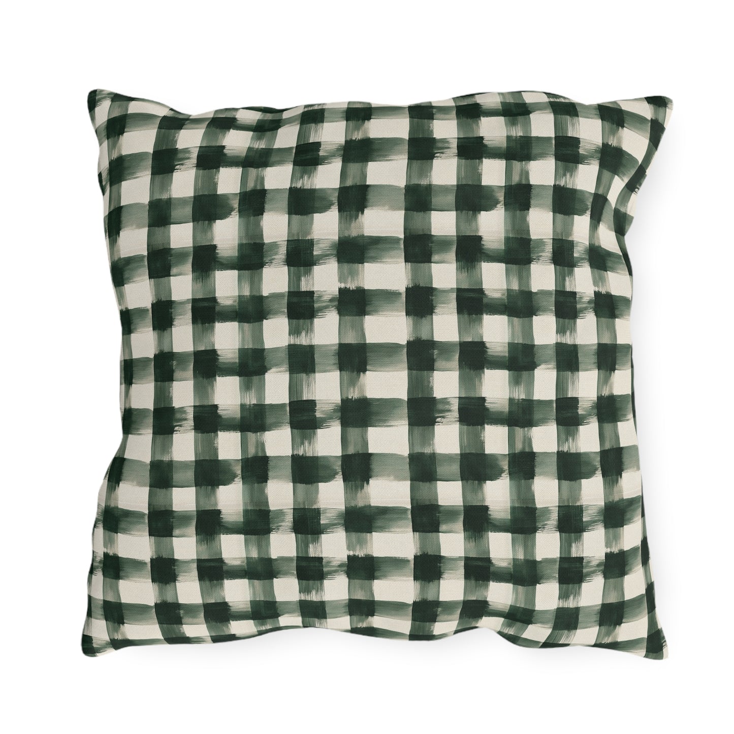 Hand-painted forest green gingham check on cream outdoor pillow