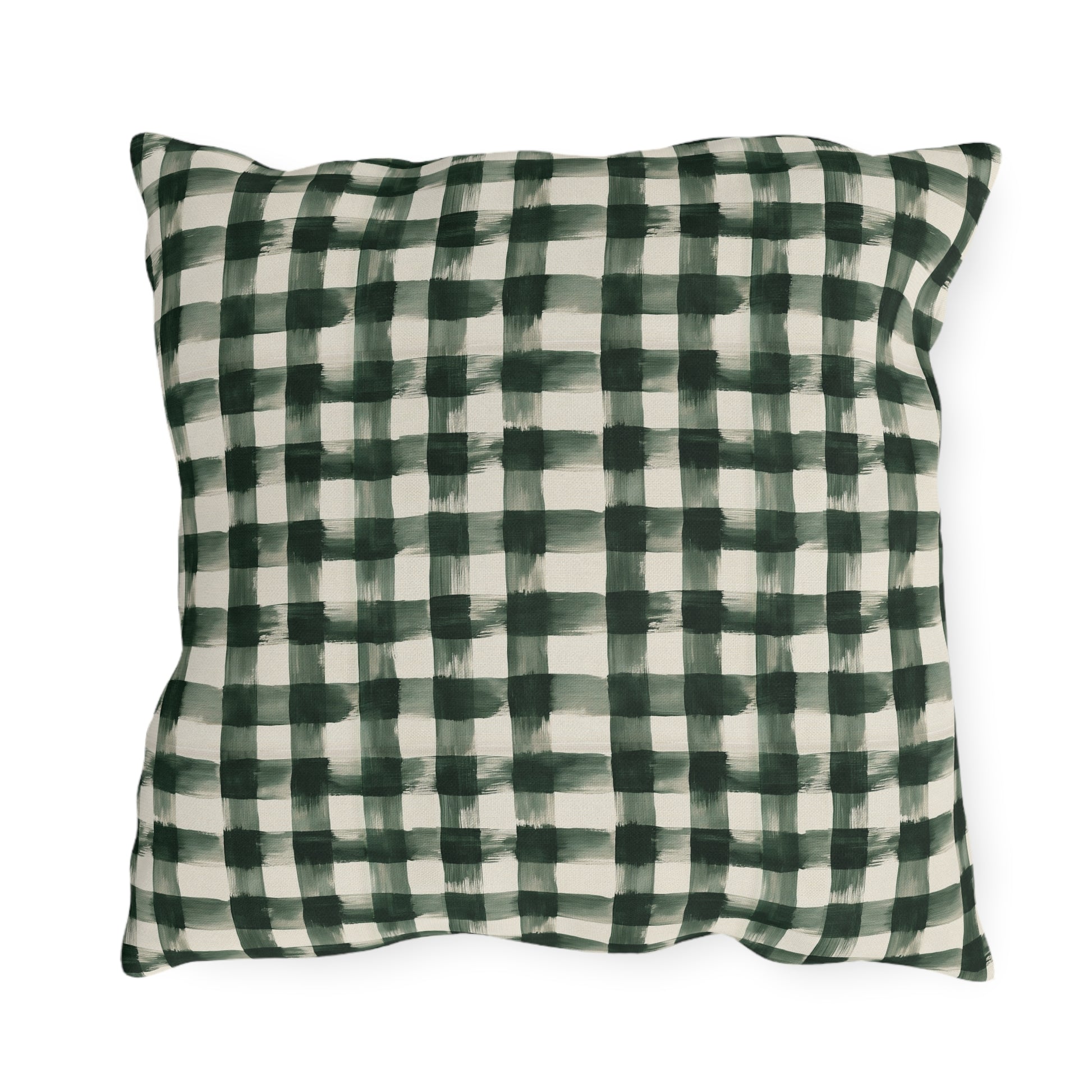 Hand-painted forest green gingham check on cream outdoor pillow