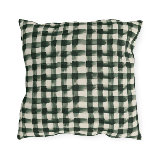 Hand-painted forest green gingham check on cream outdoor pillow