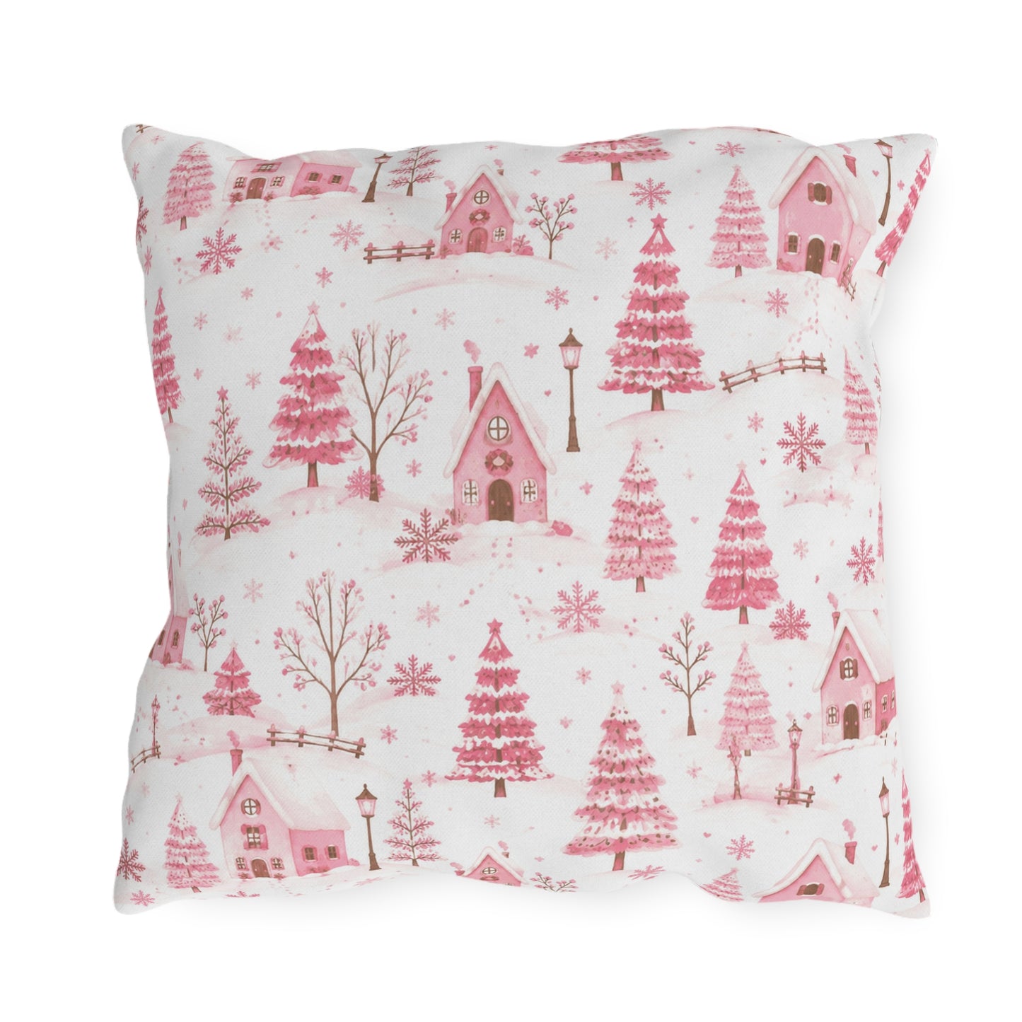 Pink cottages, fir trees and snowdrifts on white outdoor pillow