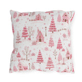 Pink cottages, fir trees and snowdrifts on white outdoor pillow