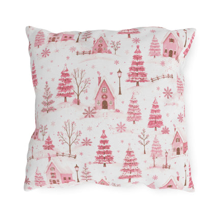 Pink cottages, fir trees and snowdrifts on white outdoor pillow