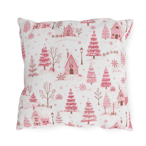 Pink cottages, fir trees and snowdrifts on white outdoor pillow