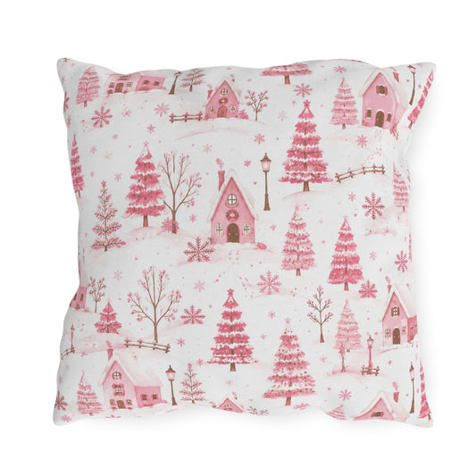 Pink cottages, fir trees and snowdrifts on white outdoor pillow
