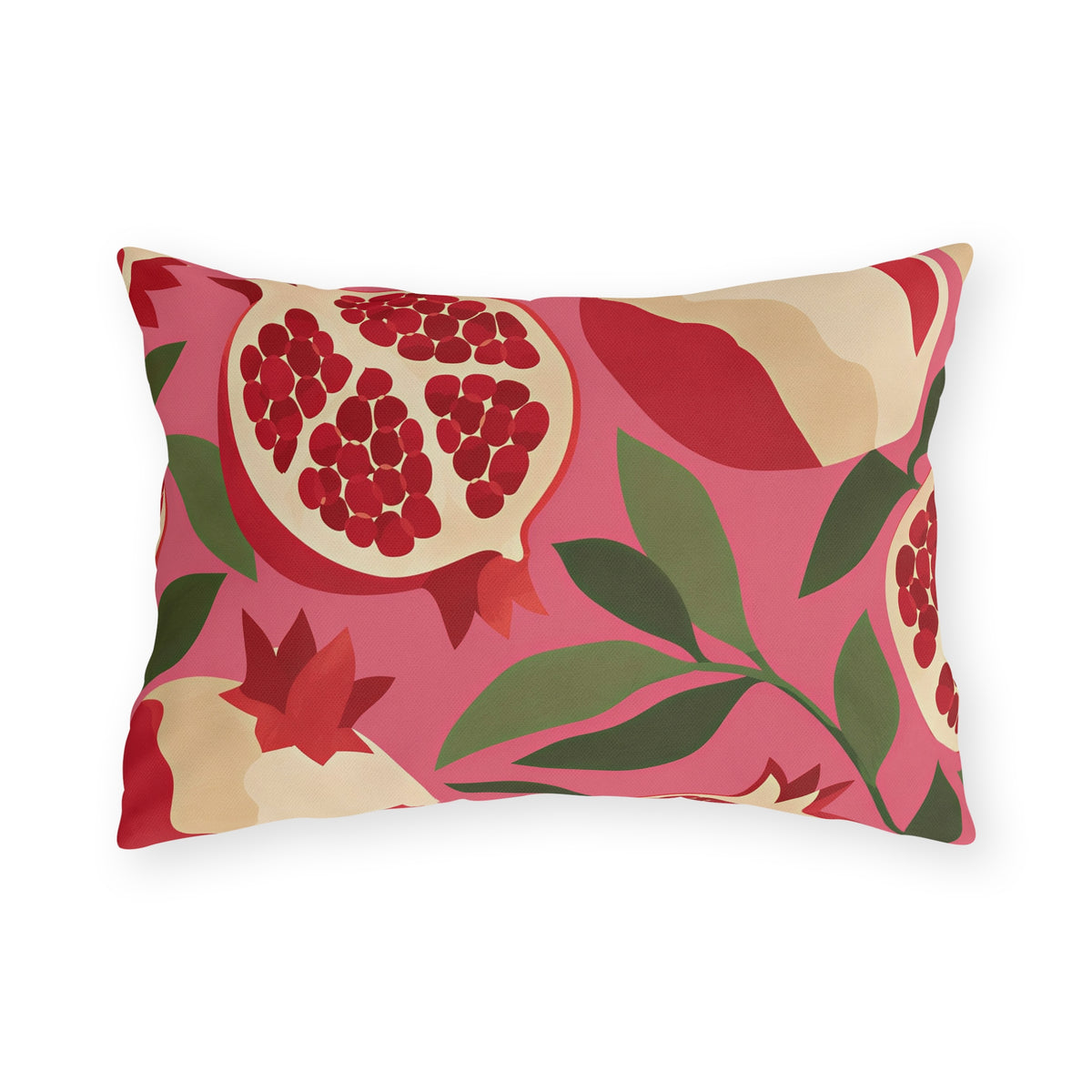 Modern outdoor lumbar pillow with cream and red pomegranates and green leaves on bright pink