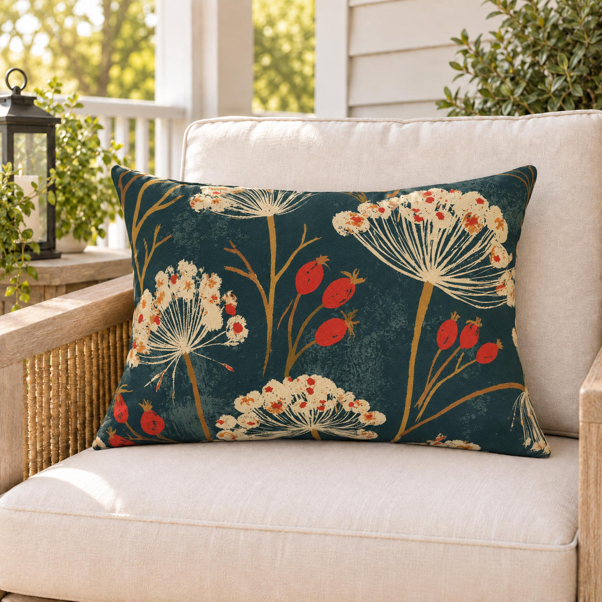 Cow Parsley Teal Outdoor Lumbar Pillow