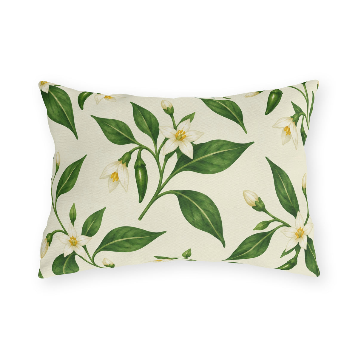 White pepper blossoms, green leaves and small chilies on a cream outdoor lumbar pillow