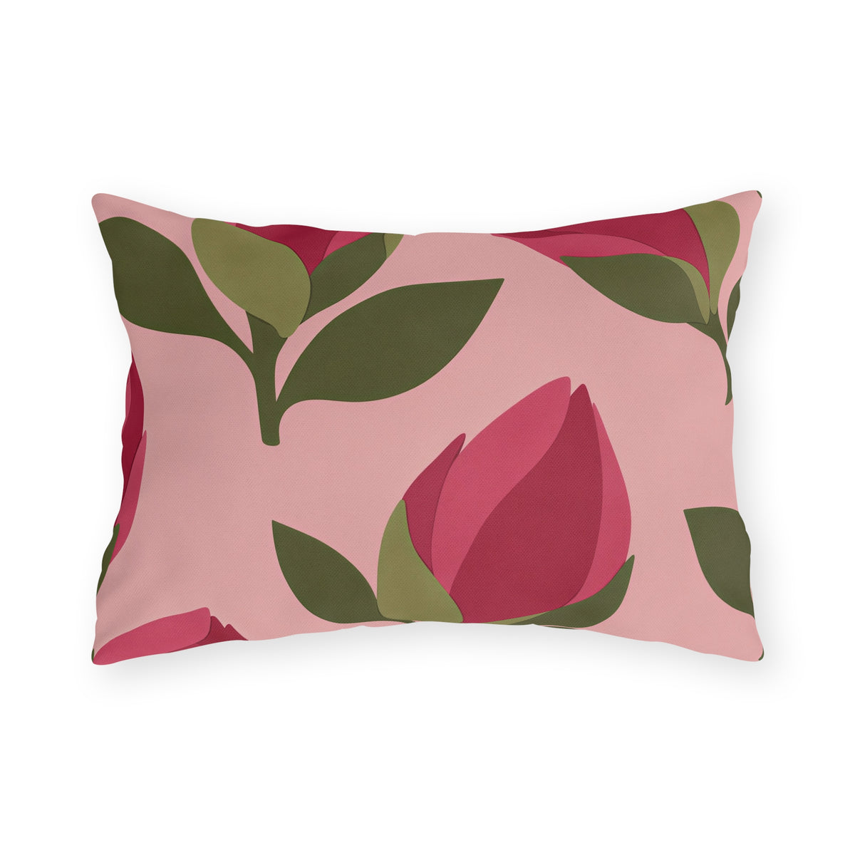 Floral outdoor lumbar pillow with cut-paper raspberry pink flower buds and olive green leaves on blush