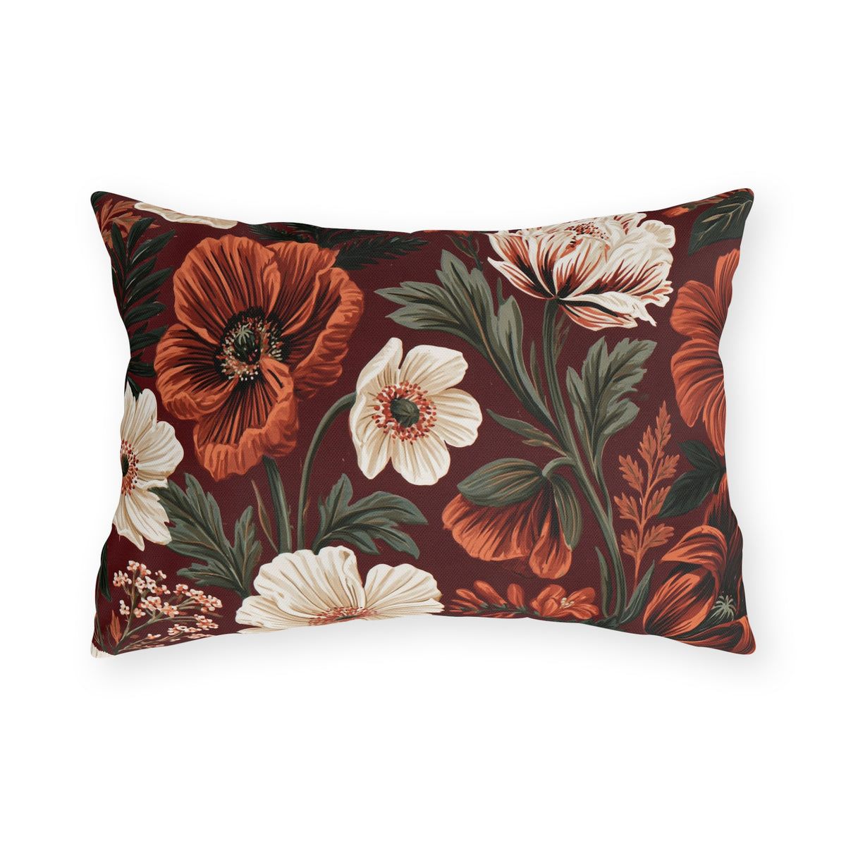 Floral outdoor lumbar pillow with painted rust poppies, cream anemones and dark green leaves on burgundy