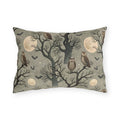 Owls in bare trees with bats and full moons on sage grey outdoor lumbar pillow