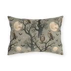 Owls in bare trees with bats and full moons on sage grey outdoor lumbar pillow