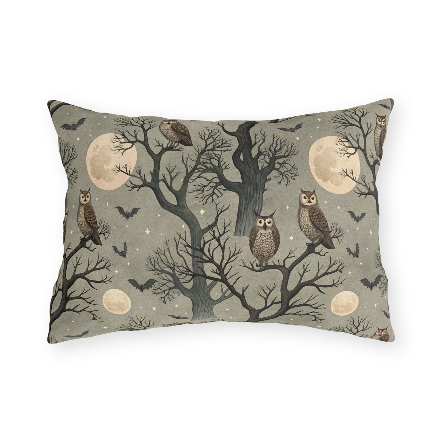 Owls in bare trees with bats and full moons on sage grey outdoor lumbar pillow