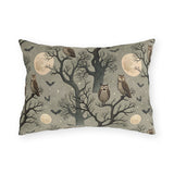 Owls in bare trees with bats and full moons on sage grey outdoor lumbar pillow