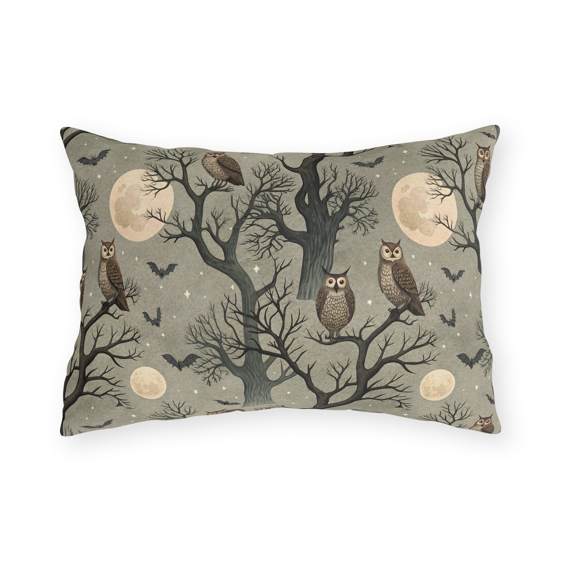 Owls in bare trees with bats and full moons on sage grey outdoor lumbar pillow