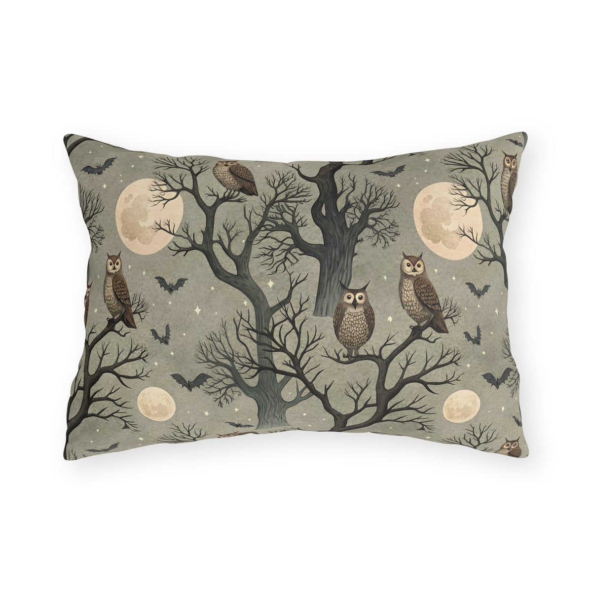 Owls in bare trees with bats and full moons on sage grey outdoor lumbar pillow