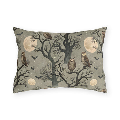 Owls in bare trees with bats and full moons on sage grey outdoor lumbar pillow