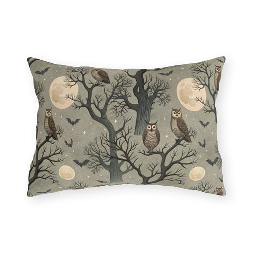Owls in bare trees with bats and full moons on sage grey outdoor lumbar pillow