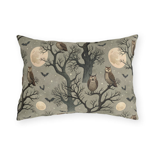 Owls in bare trees with bats and full moons on sage grey outdoor lumbar pillow