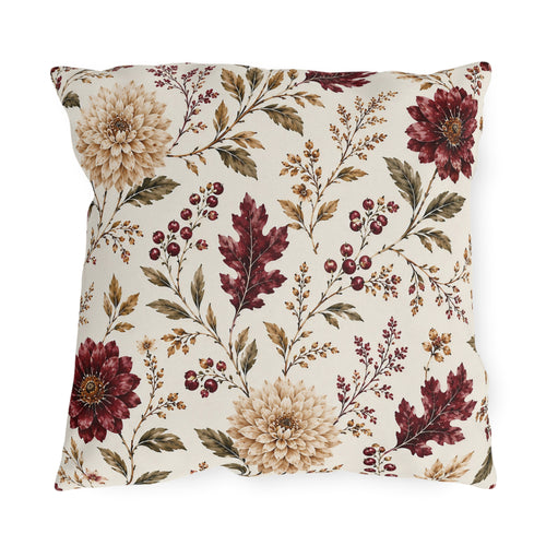 Burgundy dahlias, oak leaves and berries on cream outdoor pillow