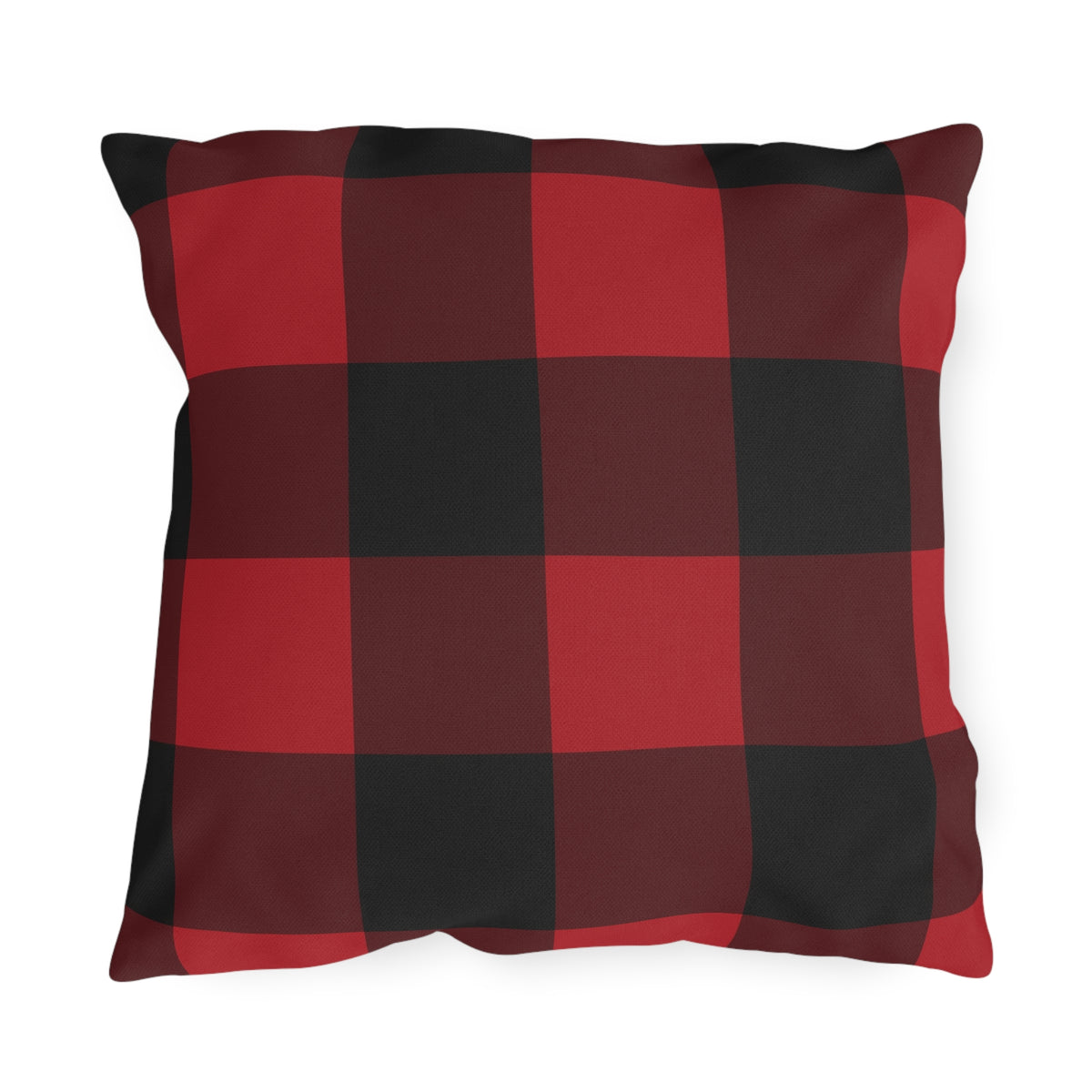 Buffalo check outdoor pillow with a large printed check in cranberry red, black and burgundy