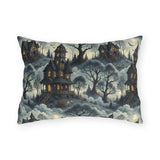 Victorian haunted houses in misty woods with lit windows on slate blue outdoor lumbar pillow