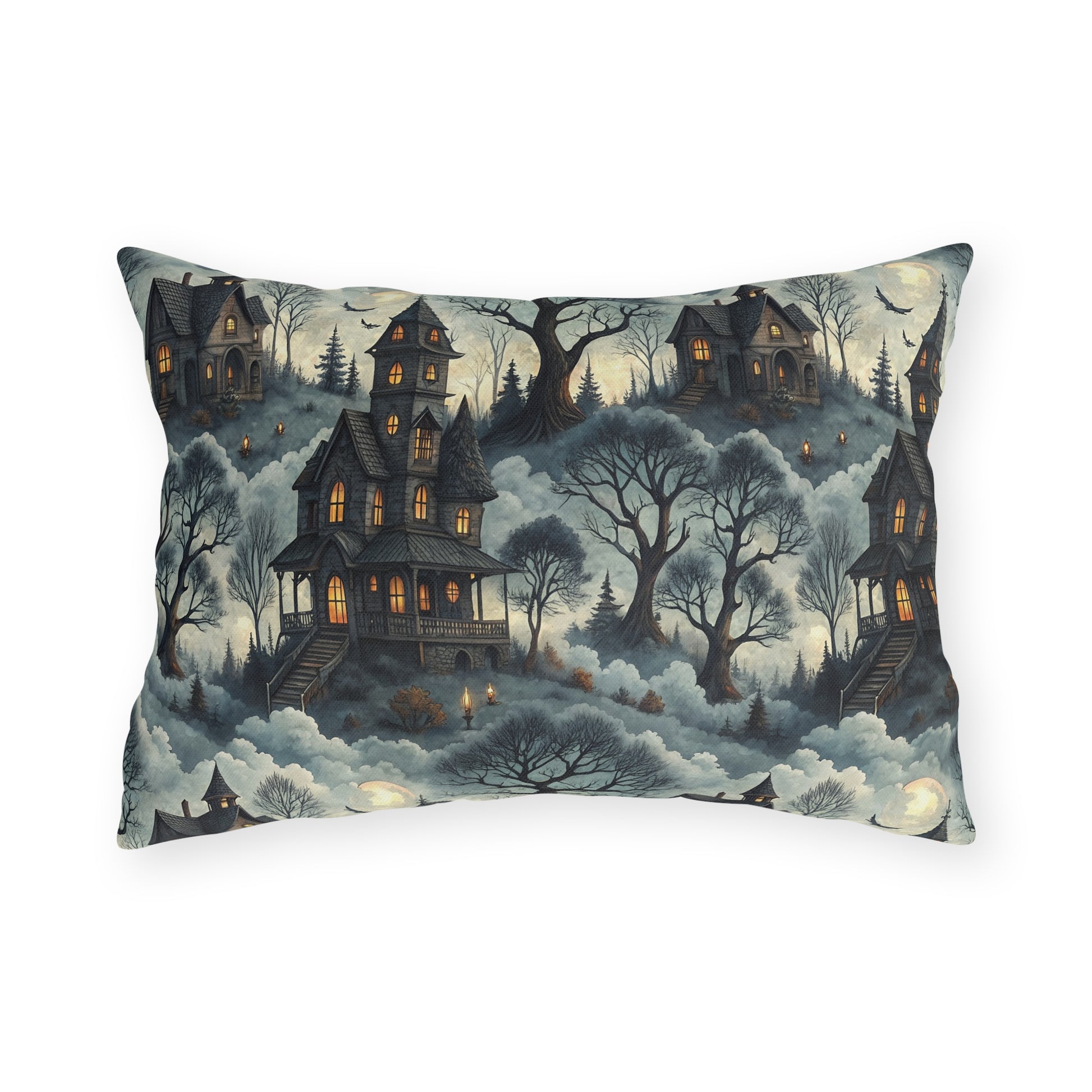 Victorian haunted houses in misty woods with lit windows on slate blue outdoor lumbar pillow