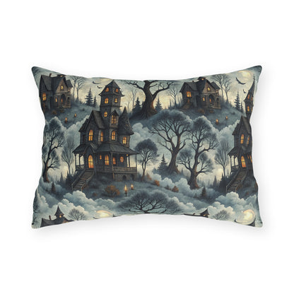 Victorian haunted houses in misty woods with lit windows on slate blue outdoor lumbar pillow