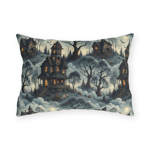 Victorian haunted houses in misty woods with lit windows on slate blue outdoor lumbar pillow