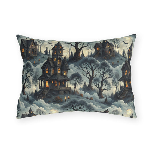 Victorian haunted houses in misty woods with lit windows on slate blue outdoor lumbar pillow